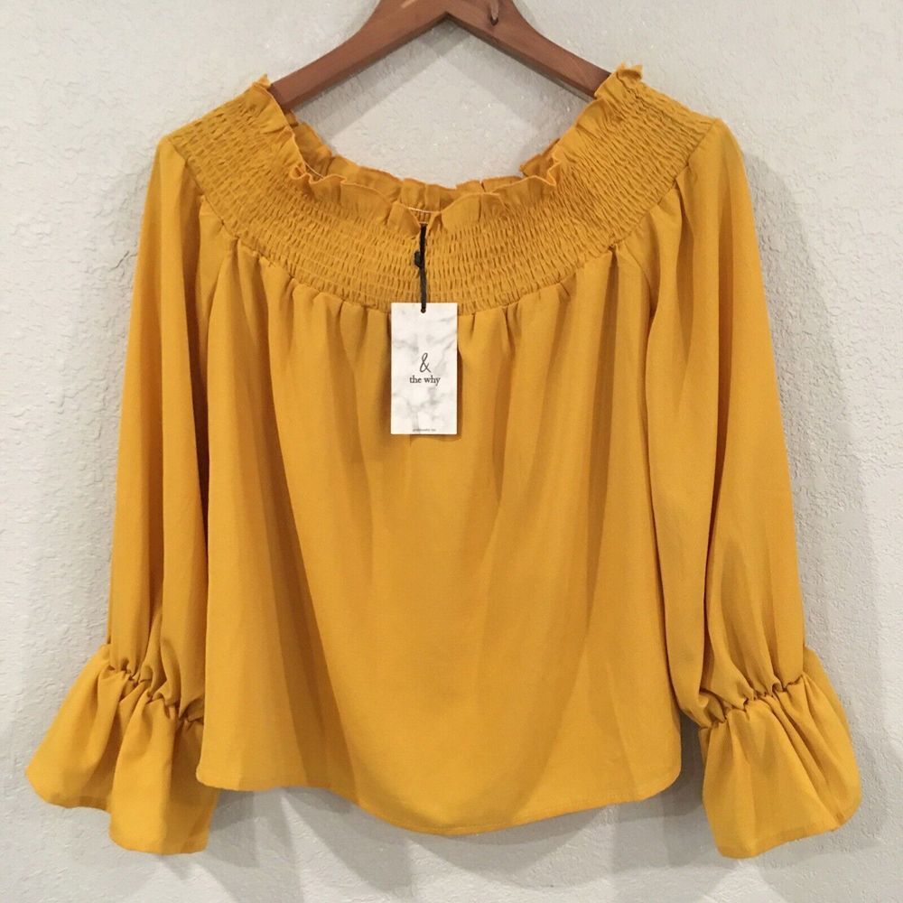 NEW andthewhy Women Sz M Blouse Yellow Mustard Long Sleeve Off The Shoulder Boho